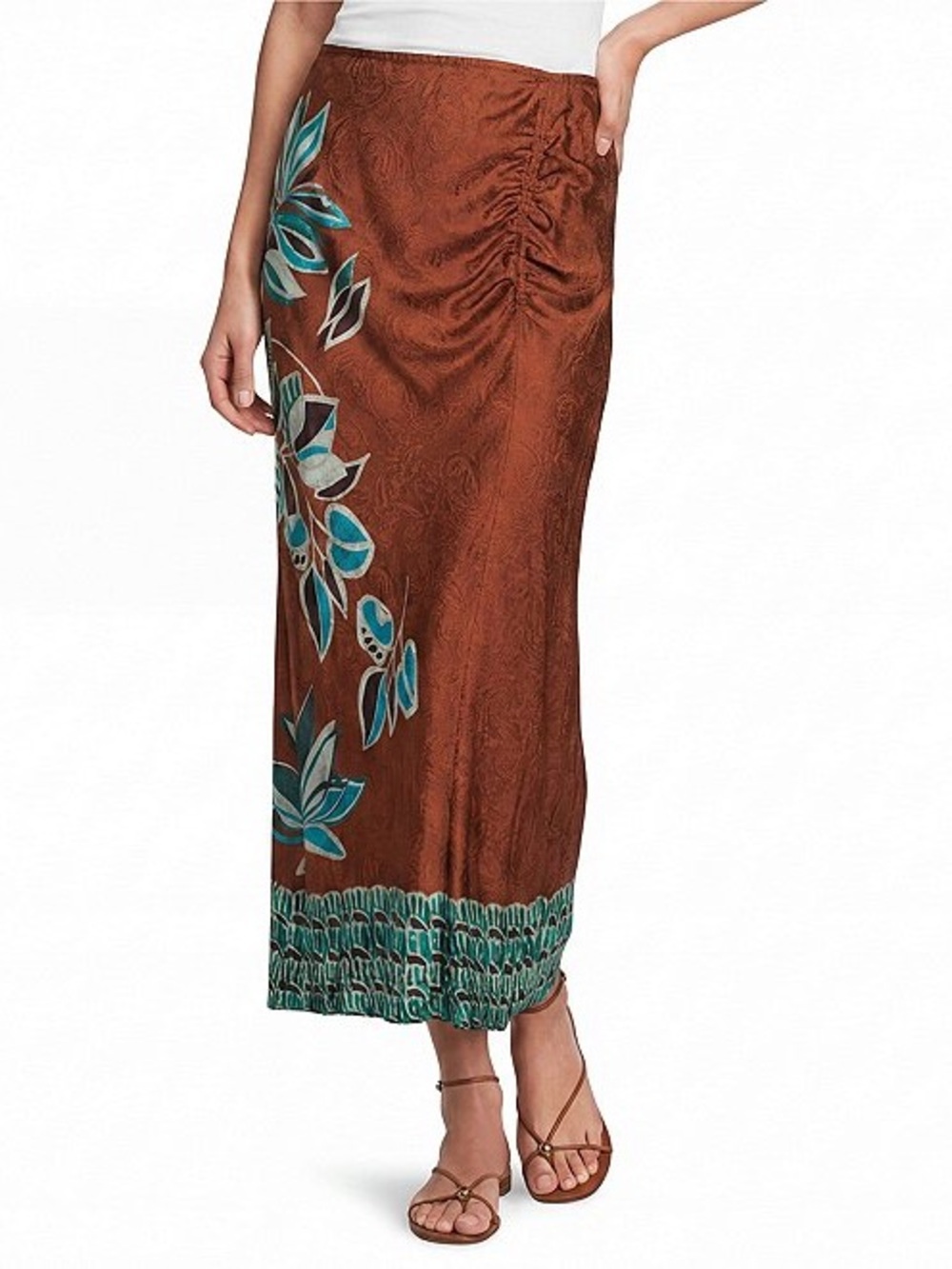Johnny Was Brown Maxi Skirt with Teal Floral Detail